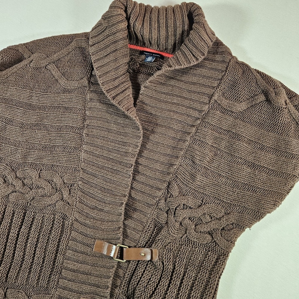 Tommy Hilfiger Sweater Vest Cable Knit‎ Wrap Leather Buckles Women's Large Brown